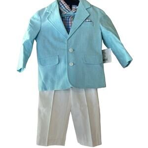 Starting Out 3PC Set, Plaid Button Up, Blue Jacket, White Pants, Size 18MO, NWT!
